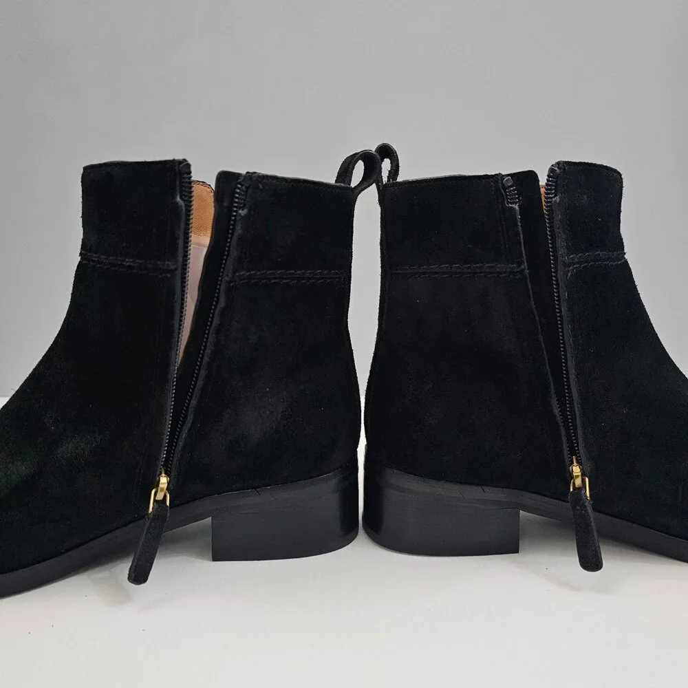 Tory Burch Everly Ankle Boot Womens 7.5 Black Suede Gold Logo Luxury Designer - Picture 4 of 16